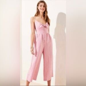 LOFT Light Pink Bow-Front Jumpsuit 14 Linen